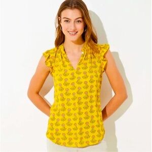 LOFT Peony Ruffle Split Neck Blouse XS Small Yellow Pink Floral Chiffon Office